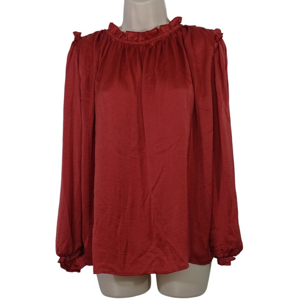 Rust Color Long Sleeve Ruffle Neck Blouse Women Size M Casual Work Business